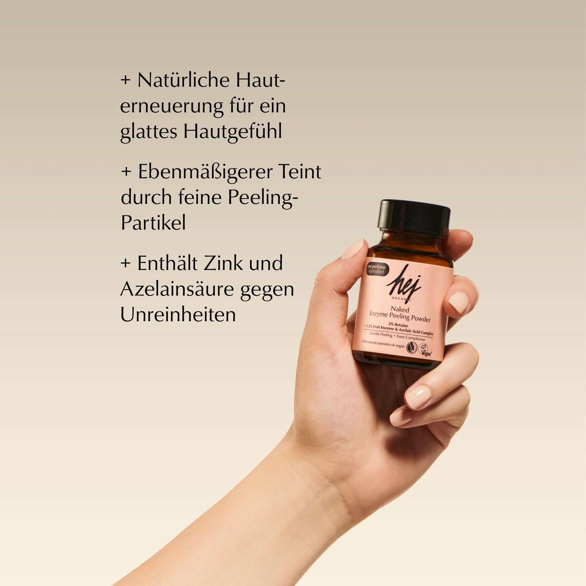 enzym peeling, Produkt in Hand, HEJ ORGANIC