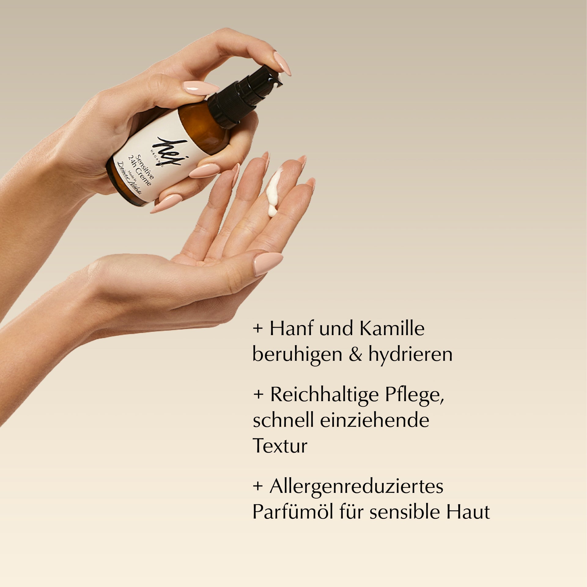 gesichtscreme sensible haut, Produkt in Hand, HEJ ORGANIC